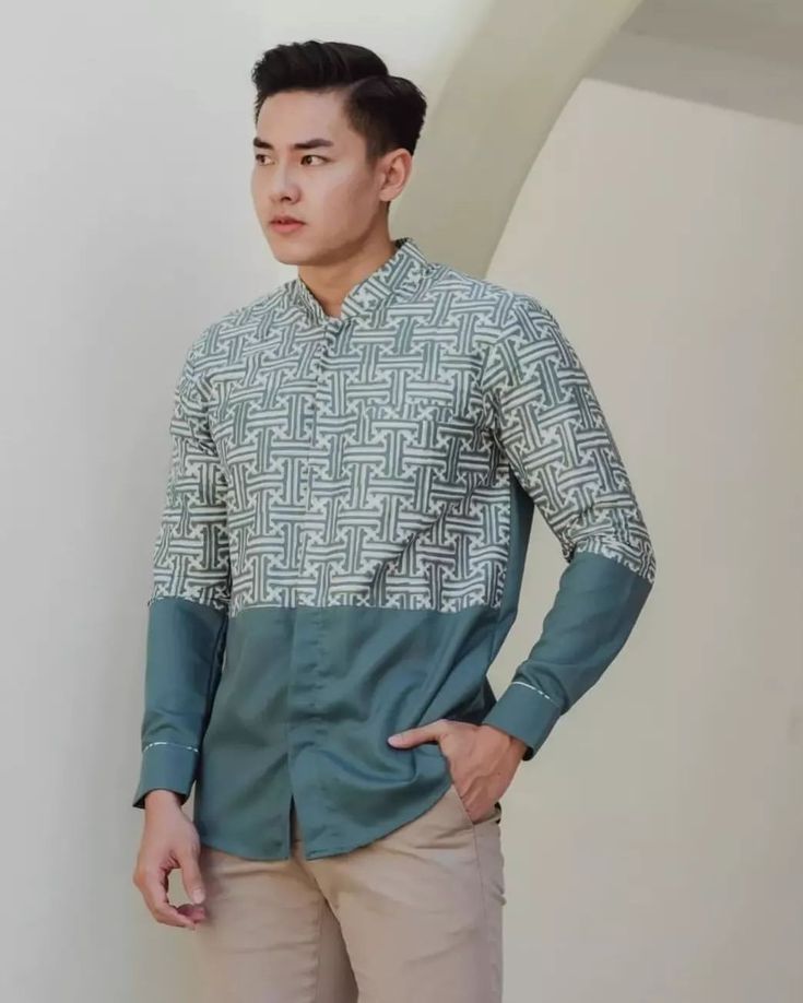 Baju Koko Turquoise Lengan Panjang menggunakan Charisma kain printing
