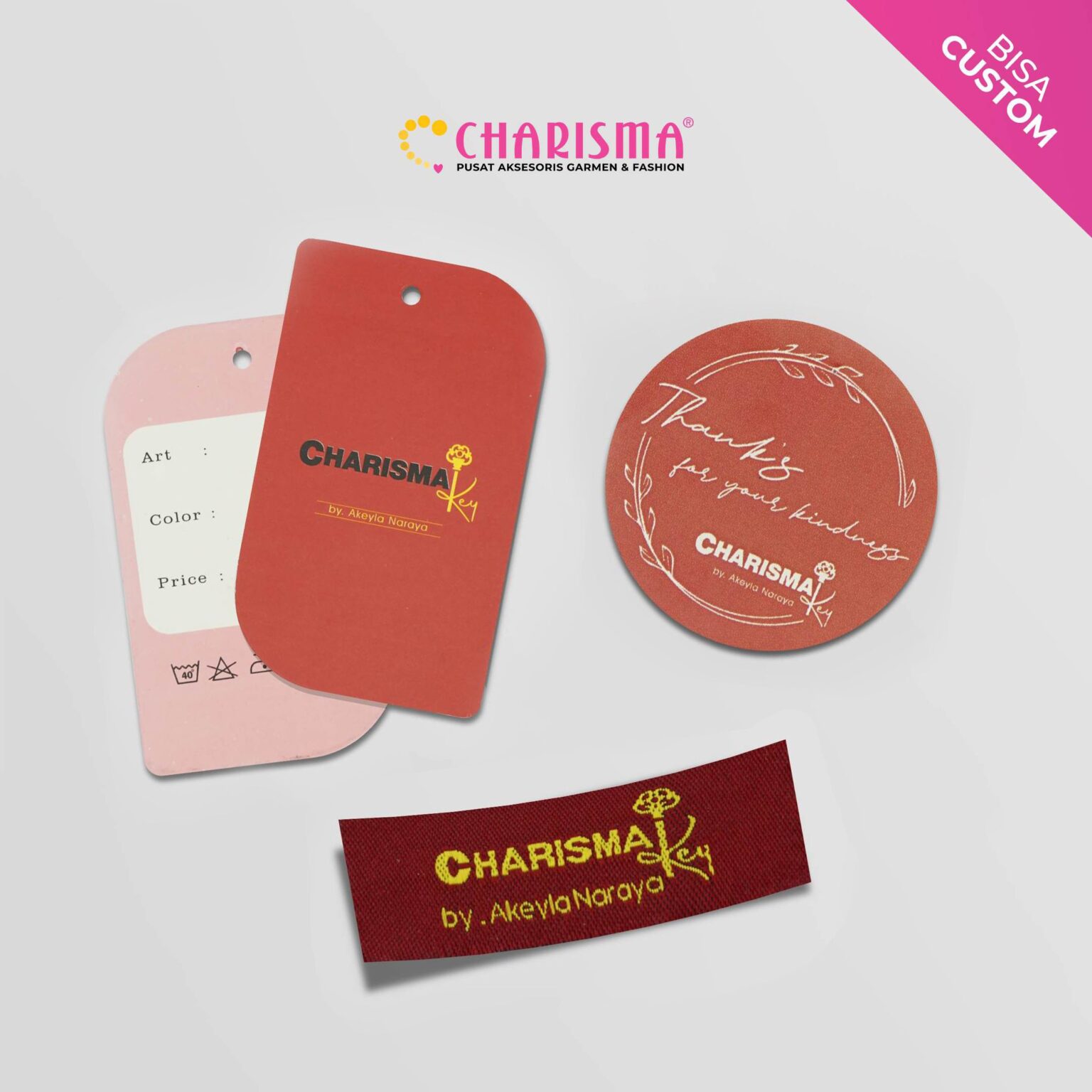 Label Woven Charisma terbuat dari bahan yang dapat dijadikan label baju, hang tag dan lainnya