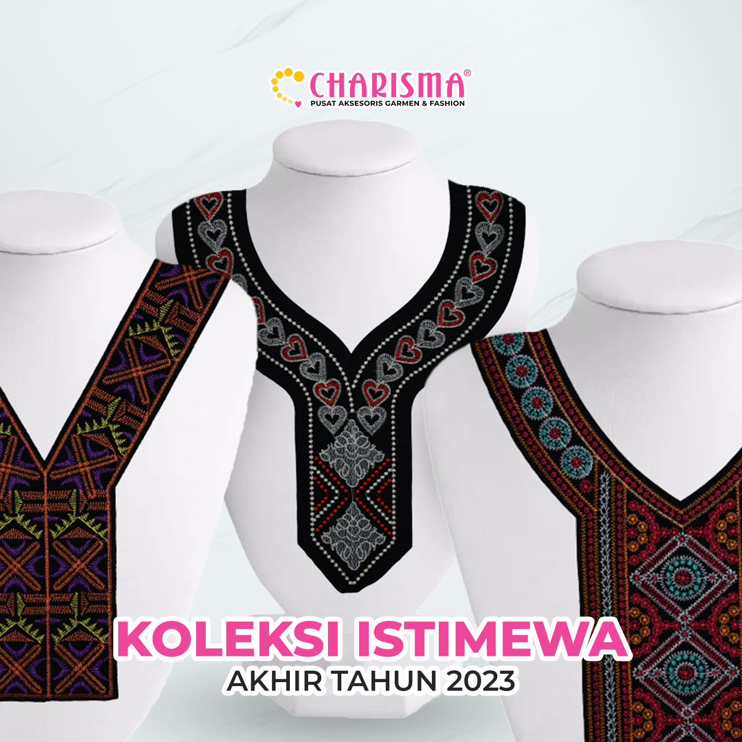 Charisma memiliki koleksi kerah arab atau kerah india yang dapat diaplikasikan pada busana muslim