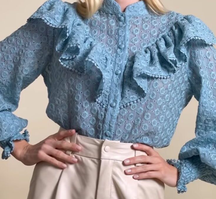 Blue Korean Blouse with Ruffle