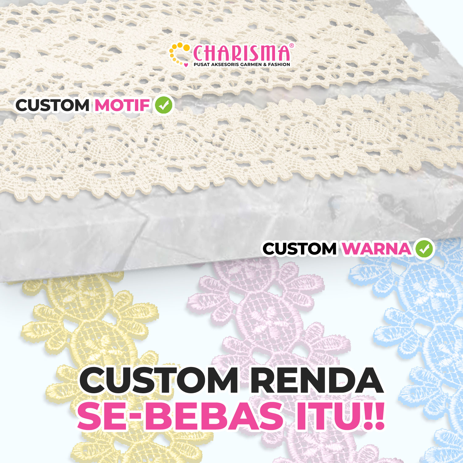renda kait atau renda rajut yang motifnya dapat dikustomisasi di toko Charisma