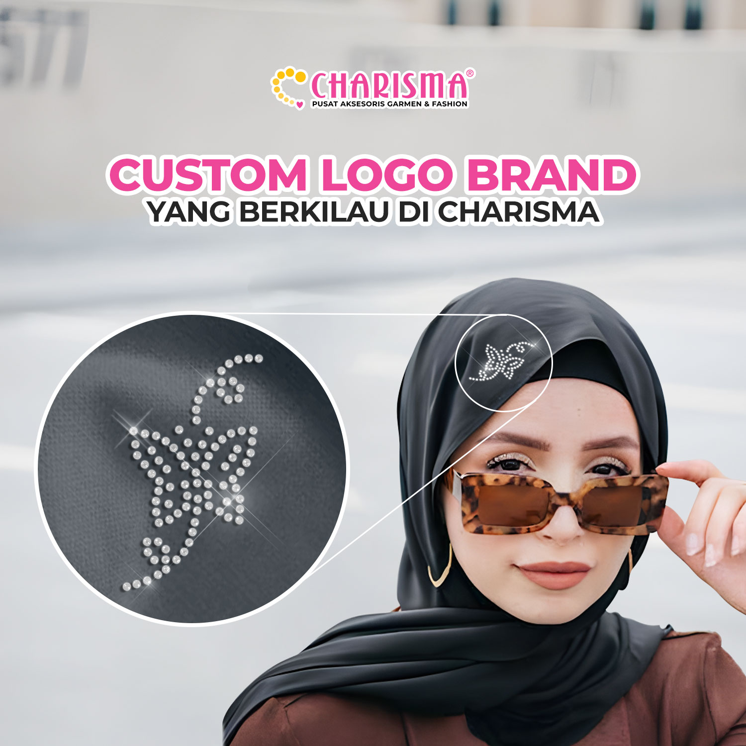 custom logo brand dengan material swarovski di Charisma