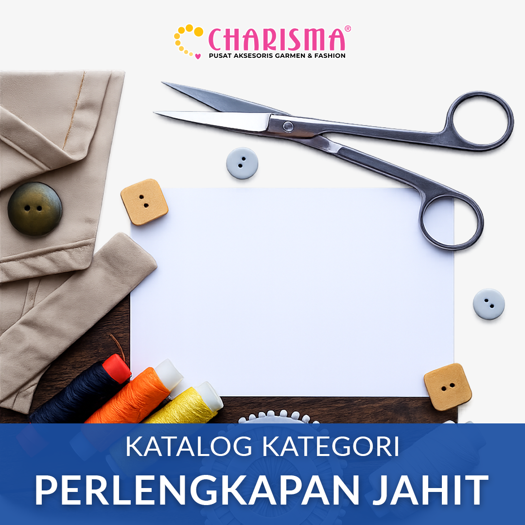 Katalog perlengkapan jahit Charisma berisi benang, gunting, meteran, dan alat jahit.