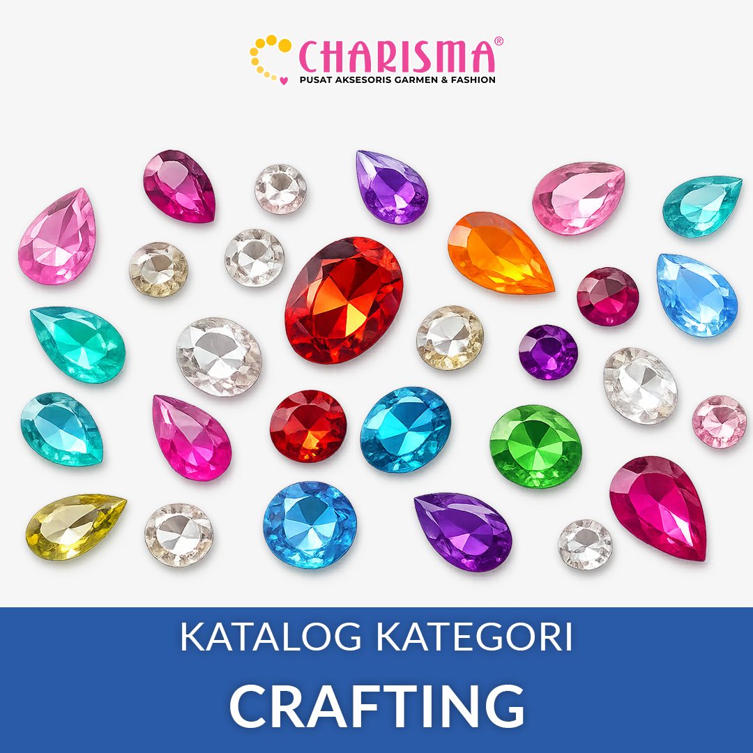 Katalog crafting Charisma berisi batu hias, manik-manik, dan bahan kerajinan.
