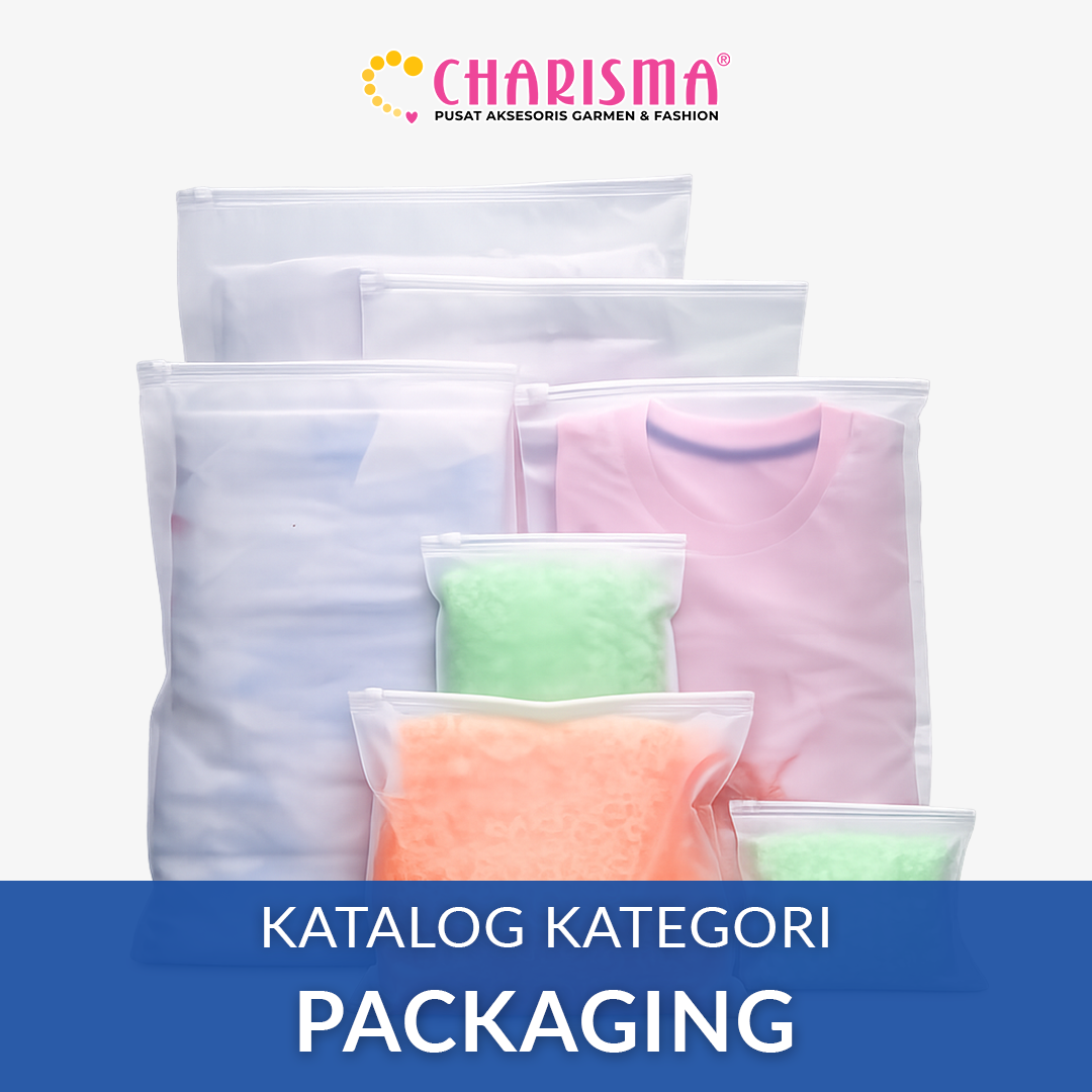 Katalog packaging Charisma berisi berbagai jenis kemasan seperti zipper bag, plastik OPP, dan packaging untuk produk fashion.