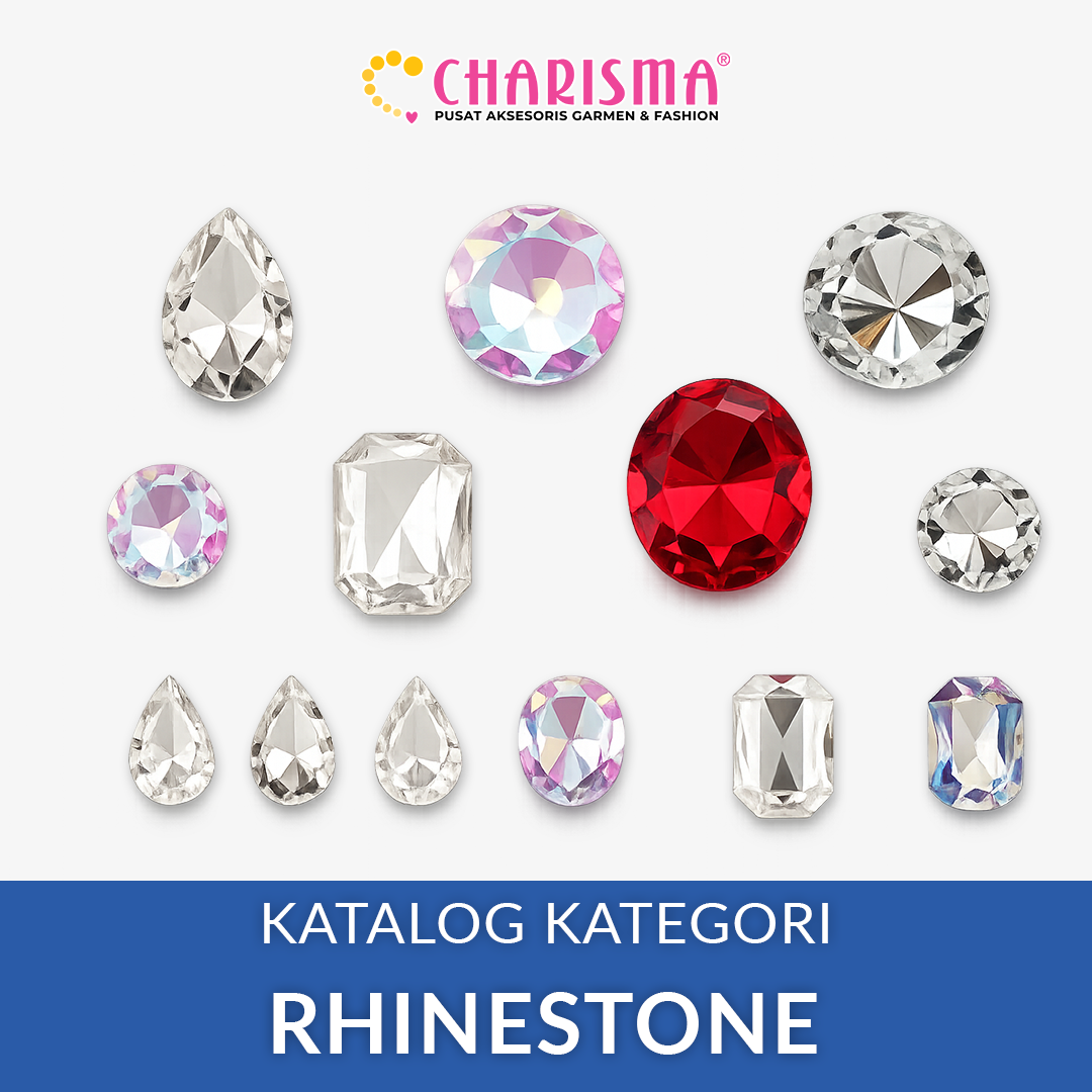 Katalog rhinestone Charisma berisi batu kristal, rhinestone, dan aksesoris dekorasi fashion.
